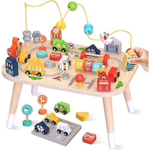 Wooden Montessori Activity Table for Toddlers, Baby Busy Table with Bead Maze, Shape Sorter, Cars & Road Signs, Traffic Learning Activity Center Sensory Toys for Birthday Gift Boys Girls 1+ Year Old