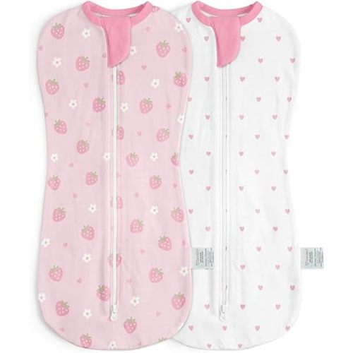 Baby Swaddle 0-2 Months, Cotton Arm-In Zipper Sleep Sack, Wearable Blankets Wrap for Newborn Infant Girls (Strawberry, Heart, Pack of 2)