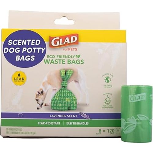 Glad for Pets Dog Waste Bags, Lavender Scent - Leak Proof and Strong Disposable Dog Poop Bags for Dogs, Easy Tie Handles for Clean Up, Scented Doggie Bag Rolls, 120 Count
