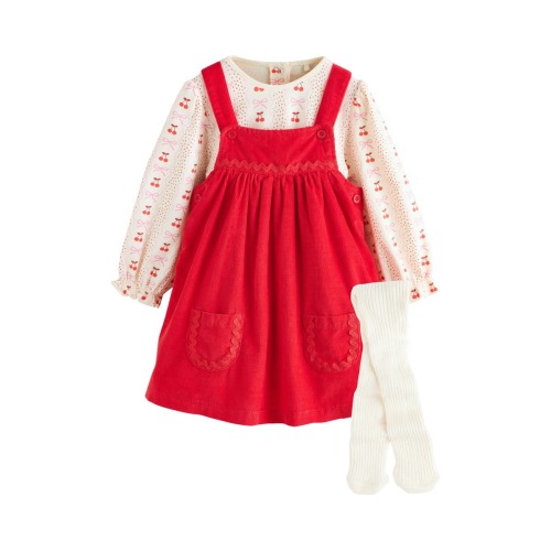 Bow Corduroy Pinafore Dress, Bodysuit & Socks Set