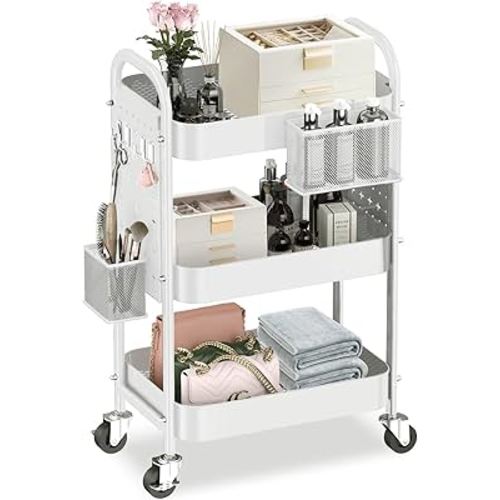 ALVOROG 3 Tier Rolling Cart with DIY Pegboards Metal Utility Cart with Wheels Handles Baskets Hooks, Storage Cart for Office Kitchen Bathroom(White)