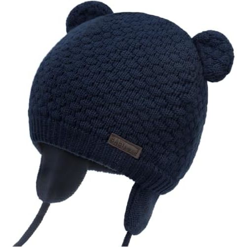 Duoyeree Baby Winter Hat, Bear Knit Earflaps Cotton Lined for Toddler Kids