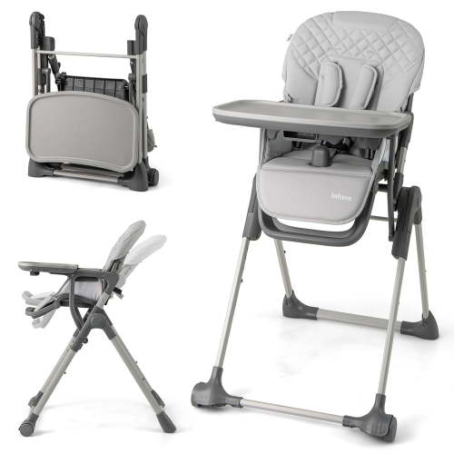 OLAKIDS Baby High Chair, Convertible Quick Folding Portable Highchair for Babies and Toddlers with Adjustable Height Backrest Footrest 2 Wheels Removable Tray, Easy to Clean PU Seat