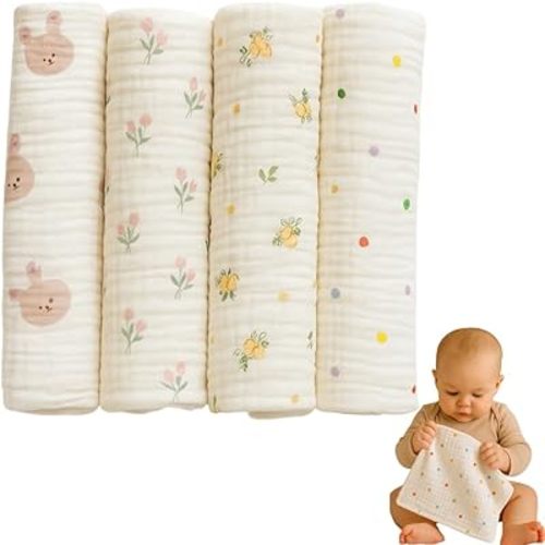 Jack & Jill & Baby Washcloths | 100% Cotton | Ultra-Soft Face Towels for Baby Boys and Girls | Bath Time and Burp Cloth Use | Baby Essentials | Absorbent Cloth Wipes | Pack of 4 (Bunny Bloom)