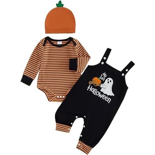 Newborn Baby Boy 1st Halloween Outfit Stripe Long Sleeve Romper Pumpkin Overall Pants Hat Set 3Pcs Fall Clothes