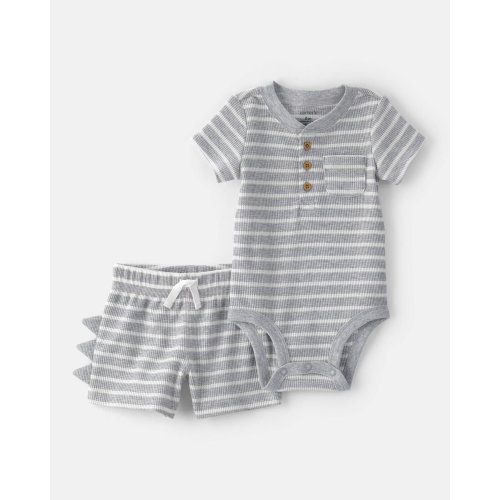 Baby Boy 2-Piece Dino Spikes Waffle-Knit Short-Sleeve Bodysuit & Short Set - Grey | Carter's