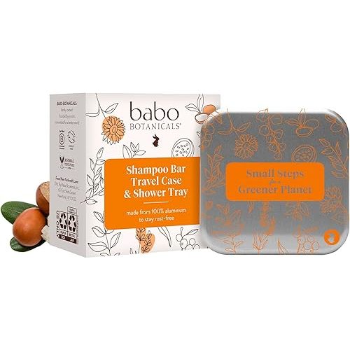 Babo Botanicals Shampoo Solid Bar 2-1 Holder, Travel Case with Lid, Shower Tray with Draining Layer; Aluminum Case for Shampoo or Soap, TSA
