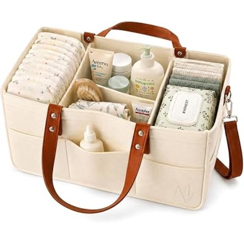 Premium Felt Diaper Caddy Organizer with Brown PU Leather Handles & Removable Utility Loops | Nursery Storage Basket | Cream
