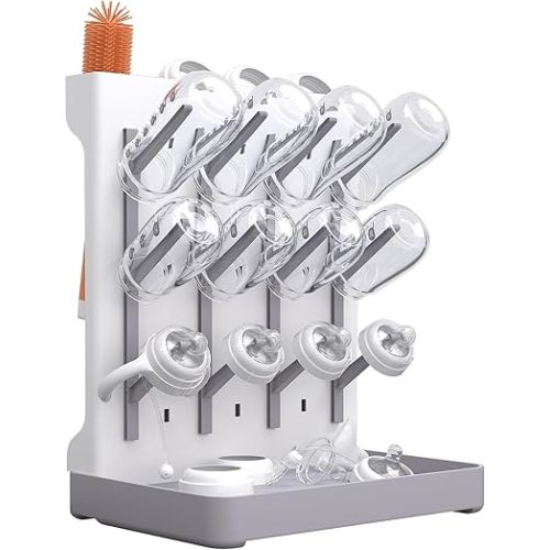 Baby Bottle Drying Rack: Vertical Space Saving Standing Bottle Organizer for Countertop – Holds Glass Baby Bottles, Utensils, Pump Parts, Brushes & Pacifiers, Kitchen – Premium Material (1, Grey)