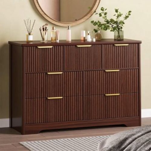 7 Drawer Dresser for Bedroom, 47"W Wooden Chest of Drawers with Gold Handles, Fluted Storage Organizer & Media Console TV Stand for Bedroom