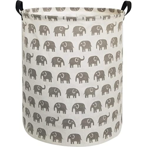 HIYAGON Canvas Storage Basket,Large Laundry Basket with Handles-Collapsible Storage Bin for Kids Room,Nersury Hamper,Toy Storage 19.7×15.7 (Grey Elephant)