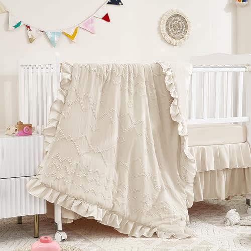 3-Piece Tufted Ruffle Crib Bedding Set for Girls - Ultra Soft Baby Bedding Set Includes Boho Crib Comforter, Sheet & Skirt (Beige)
