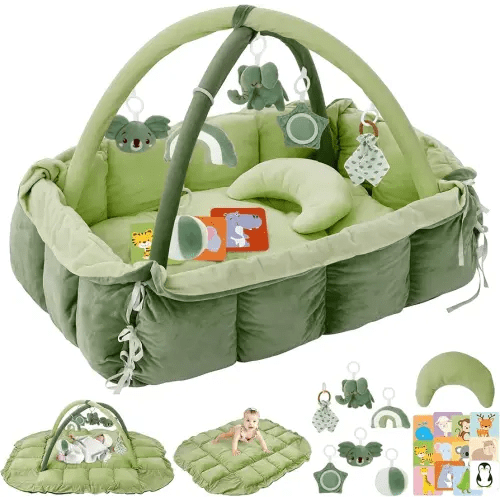 5-in-1 Plush Baby Play Gym, Baby Play Mats, Convertible Baby Gym with Pillow, Tummy time mat, Baby&Ped Bed, 6 Sensory Toys, Baby Activity Center from Newborn to Toddler, Cat&Dog Bed, Ball Pit, Green