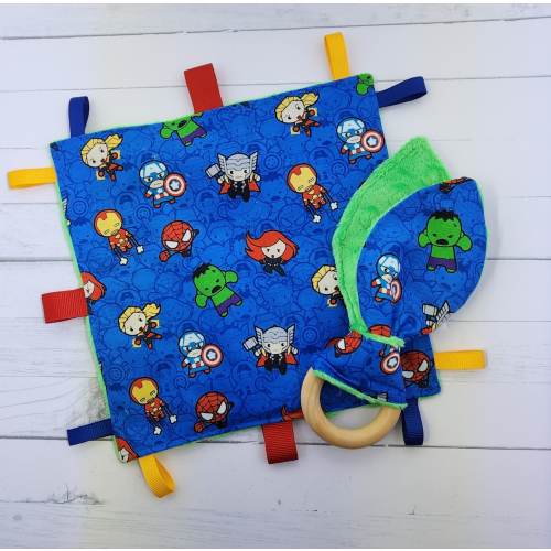 Superhero Crinkle Tag Toy & Wooden Teether Set