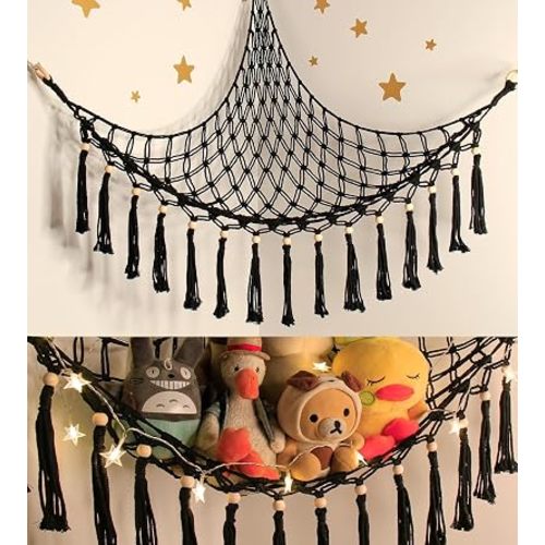 Stuffed Animal Hammock Corner Storage - Toy Hammock Net Organizer with LED Light - Tedddy Hammocks Plushie Net Holder - Black Wall Decor for Boy Living Room Bedroom