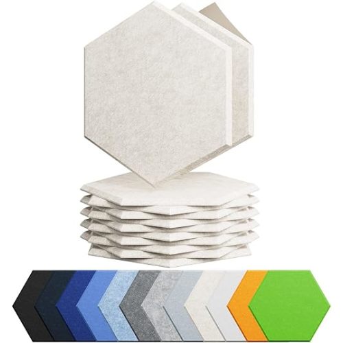 Amantech 12 Pack Acoustic Panels Self Adhesive Sound Proof Foam, High Density Sound Acoustic Foam Panel, 12X10.23X0.4 Inch Hexagon Wall Panels in Home,Office,Reccording Room,Studio(Beige)