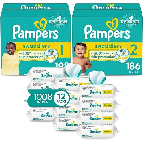 Pampers Baby Diapers and Wipes Starter Kit, Swaddlers Disposable Sizes 1 (198 Count) & 2 (186 Count) with Sensitive Water Based 12X Multi Pack Pop-Top Refill (1008 Count) - Sizes 1 & Size 2