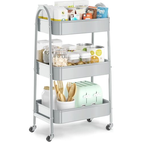 3 Tier Utility Rolling Cart, Metal Storage Cart with Handle and Lockable Wheels, Multifunctional Storage Organizer Trolley with Mesh Baskets for Kitchen, Living Room, Office, Garage (White)