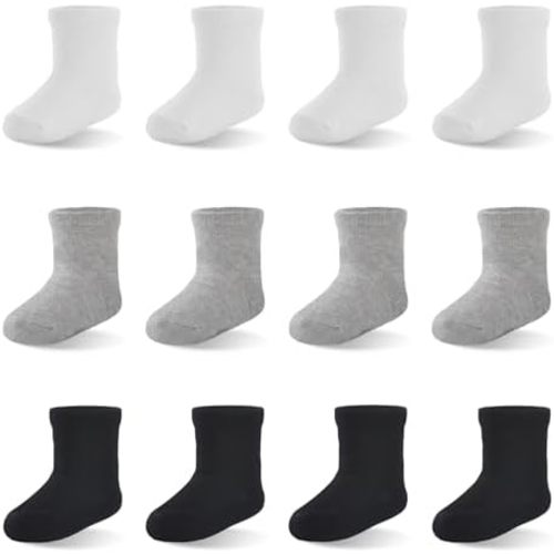 EPEIUS Unisex Baby Crew Socks with Non Slip Newborn Boys Girls Dress Socks Cotton Booties 0-3/3-6/6-12 Months 12 Pack