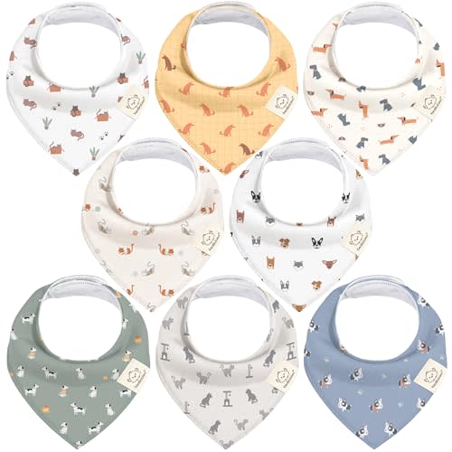 8-Pack Organic Baby Bandana Bibs for Boys, Girls - Super Absorbent Triangle Baby Bibs for Drooling and Teething Infant, Dog Bandanas, 100% Cotton Extra Soft, Newborn, Infant 0-36 Months (Pets & Paws)