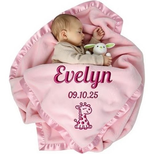 Personalized Baby Blanket for Girls, Custom Baby Blanket for Newborn, Personalized Baby Blankets with Name Animals Birth Info First Birthday (Pink)