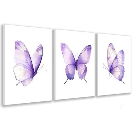 GELDSTEI Dreamy Butterfly Canvas Wall Art, Whimsical Purple Animal Picture Wall Decor, Minimalist Butterfly Aesthetic Pictures, Cute Animal Poster Prints for Nursery Girl Room Decor Framed 12"x16"x3
