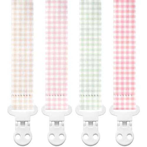 Stadela Baby Fabric Pacifier Clip Holder | Plastic Clip, 4‑Pack | Gingham Pattern - Cottagecore Set