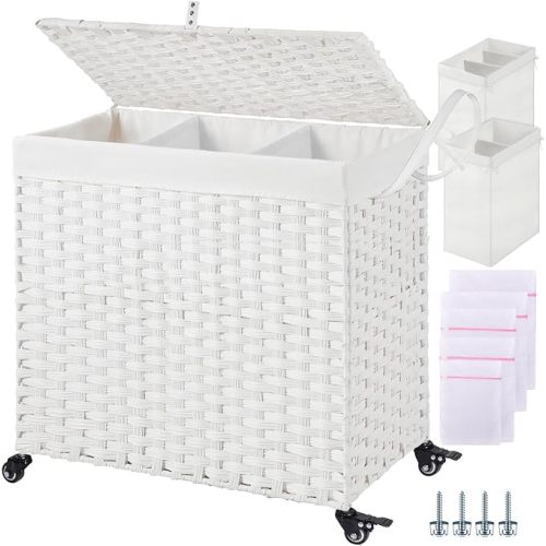 Greenstell Laundry Hamper with Wheels&Lid,130L Large 3 Sections Clothes Hamper with 2 Types Removable Liner Bags, 5 Mesh Laundry Bags, Handwoven Divided Laundry Basket White