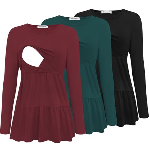 Bearsland Women’s Nursing Top 3pack Long Sleeve Scoop Neck Breastfeeding Shirts Nursing Shirt