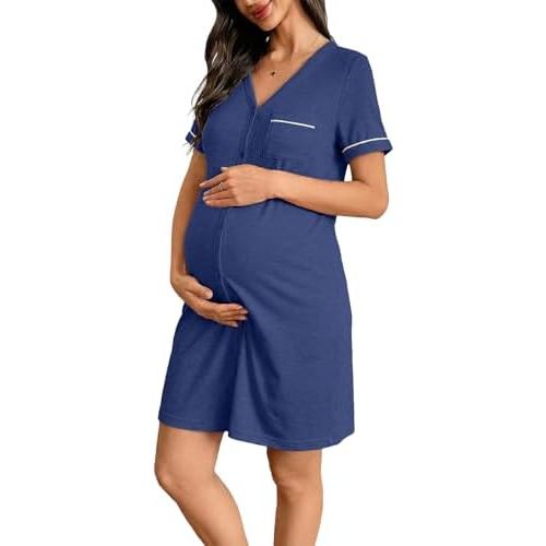 BLENCOT Women’s Labor and Delivery Night Gown for Maternity Short Sleeve V Neck Open Front Shirt Dress with Buttons