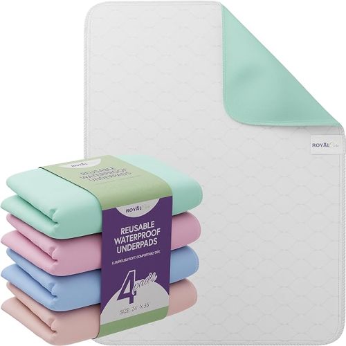 Incontinence Bed Pads - 4 Pack 24” x 36” Reusable Waterproof Mattress Protectors - Highly Absorbent, Machine Washable - for Children, Pets and Seniors - Assorted Colors - Royal Care