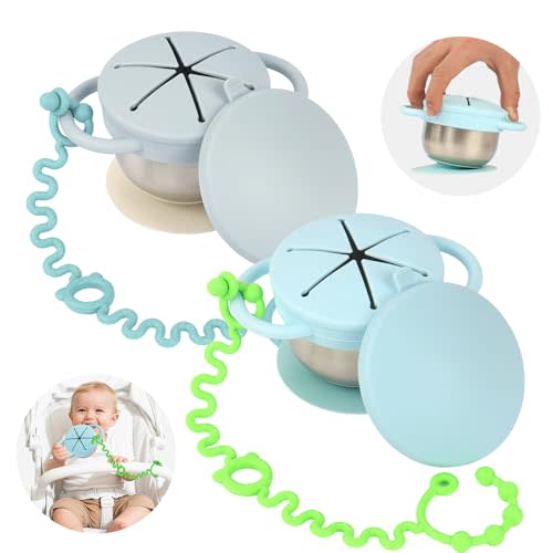 2 Pack Toddler Snack Cups — 5-in-1 Snack Cups for Toddlers Spill Proof with Suction Cup and Anti-Loss Rope, Detachable Stainless Steel Cups with Silicone Lids & Handles (Light Blue and Light Grey)