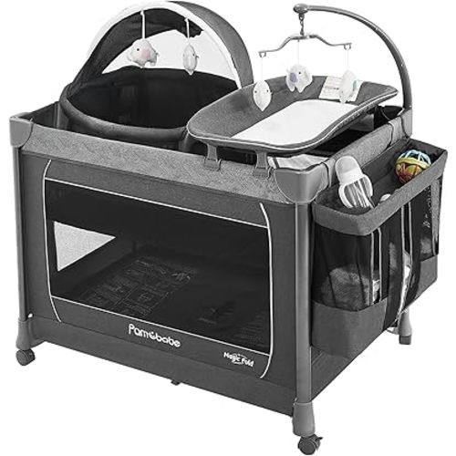 Pamo Babe 1-Second Setup 5-in-1 Playard for Babies - Heavy-Duty Steel Frame for Safe Sleep Space, Portable Crib with Zip Door & Changing Table, Locking Wheels, Breathable Mesh