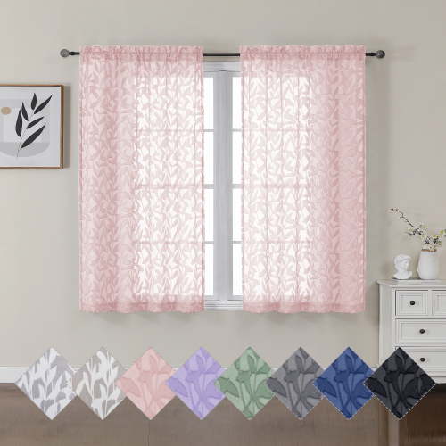 OVZME Leila 2 Panels Blush Sheer Curtains 45 Inch Long, Light Filtering Textured Leaf Jacquard Semi Sheer Small Window Curtain for Kitchen Living Room with Rod Pocket, 40Wx45L Inch, Pink