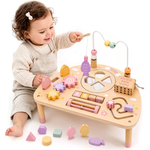 Vanplay Montessori Toys for 1 2 Year Old Girl Gift - 1st Christmas Birthday | 8 in 1 Learning Activities with Music Box/ Fishing Game, Busy Board Toys for Toddler 1-3, One Year Old Girl Birthday Gift