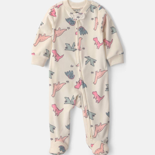 Baby Girl Dinosaur Fleece 2-Way Zip Sleeper - Cream | Carter’s Oshkosh Canada