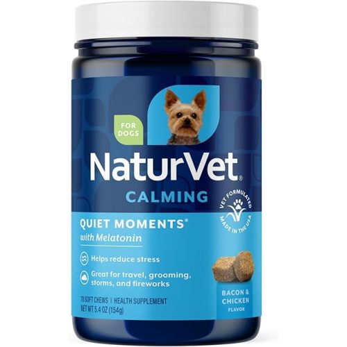 NaturVet Quiet Moments Calming Dog Supplement, Dog Soft Chews with Melatonin to Help Reduce Stress from Storms, The Vet, Fireworks, and Travel, Bacon and Chicken Flavored Pet Supplement, 70 Count Jar