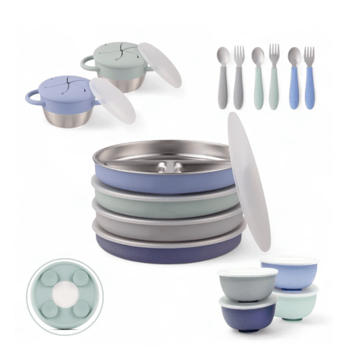 Stainless Steel Mealtime Bundle | Suction Sleeves | Plates, Bowls, Snack Cups + Toddler Utensils | 16 Pcs |  Sage/MistyBlue/Navy/Gray