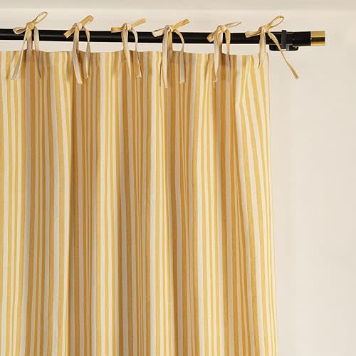THE ART BOX Gauze Striped Curtains,Boho Linen Tie Top Hanging Curtains Light Filtering Door Window Treatment 2 Panel Curtain Drapes for Living Room Bedroom Yellow Stripes (96''x42'' Each Panel)