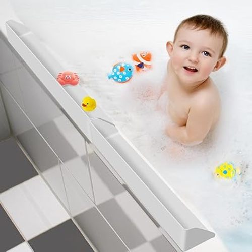 Splash Guard for Bathtub, 3.8" x 3.6" Silicone Bath Tub Splash Guard with 6 Suction Cups, Bathtub SplashGuard Play Shelf Area for Kids with 3°Drainage Slope for Faster Drying - 2 Packs White