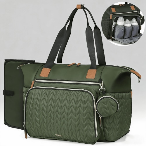 Large Waterproof Diaper Bag Tote with Changing Pad & Pacifier Case, Travel Baby Bag for Labor Delivery Hospital, Dark Green