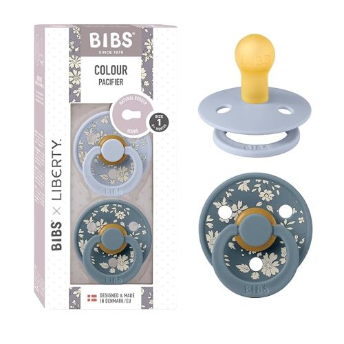 BiBS Liberty Pacifier 2-Pack, BPA Free Pacfiers with Natural Latex Round Nipple, Made in Scandinavia, Size 1 (0-6 Months), Eloise Dusty Blue