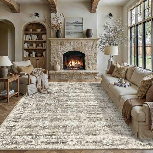 Yamaziot 8'x10' Area Rugs for Living Room Large Washable Rug, Vintage Distressed Persian Floral Boho Non Slip Accent Carpet for Bedroom Dinning Room Home Office, Beige