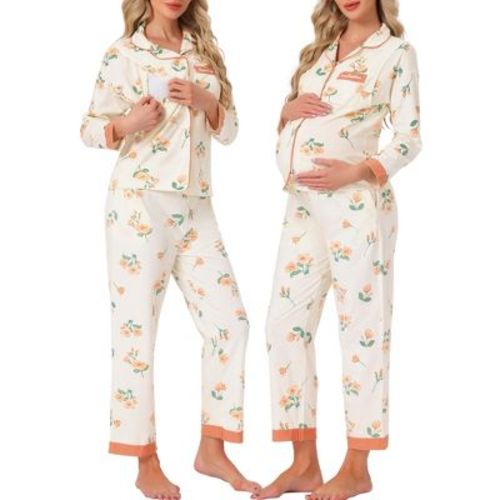 INSPIRE CHIC Women's Nursing Pajama Set Floral Leopard Long Sleeve Top with Pant Postpartum Breastfeeding Loungewear