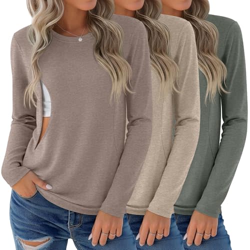 3 Pack Nursing Tops for Breastfeeding Maternity Shirts Zipper Long Sleeve Round Neck Knit Casual Nursing Clothes