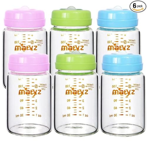 Matyz 6-Pack Borosilicate Glass Breast Milk Bottles (6 oz, 3 Colors) - Wide Neck Breastmilk Collection and Storage Bottle - Formula Storage Bottles Compatible with Medela Avent Spectra Pumps