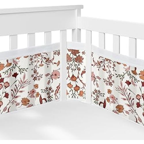 Sweet Jojo Designs + BreathableBaby 2-Piece Breathable Mesh Crib Liner Set (Ivory Orange Boho Vintage Floral) for Girls, Baby, Infants/Newborn Nursery (Bohemian Wildflower, Botanical Farmhouse Fringe)