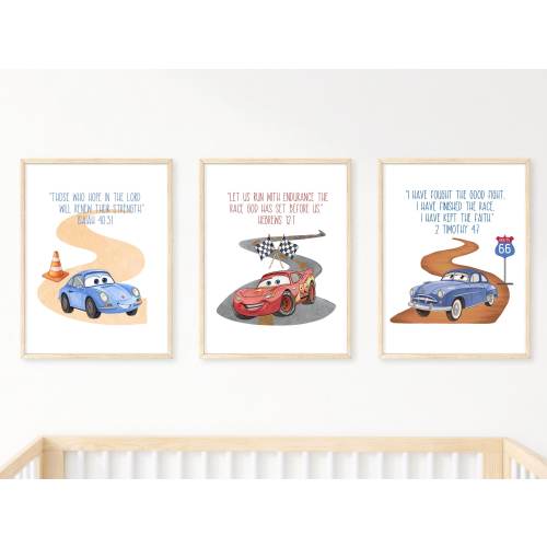 Lightning McQueen Print Set | Boy Nursery Decor | Scripture Art | Bible Verse Wall Art for Kids | Cars Decor | Doc Hudson | Sally