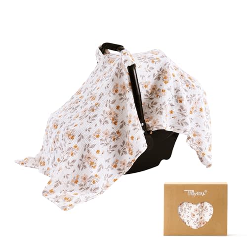 TILLYOU Baby Car Seat Cover, Breathable Muslin Cotton Infant Car Seat Cover, Lightweight Canopy with Sun and Bug Protection(Yellow Flower)