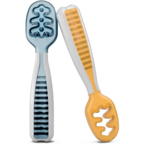 Baby Spoons Set – Toddler Self-Feeding Utensils for 6+ Months – Silicone Baby Led Weaning Spoons, BPA-Free, 2 Pack Blue/Orange